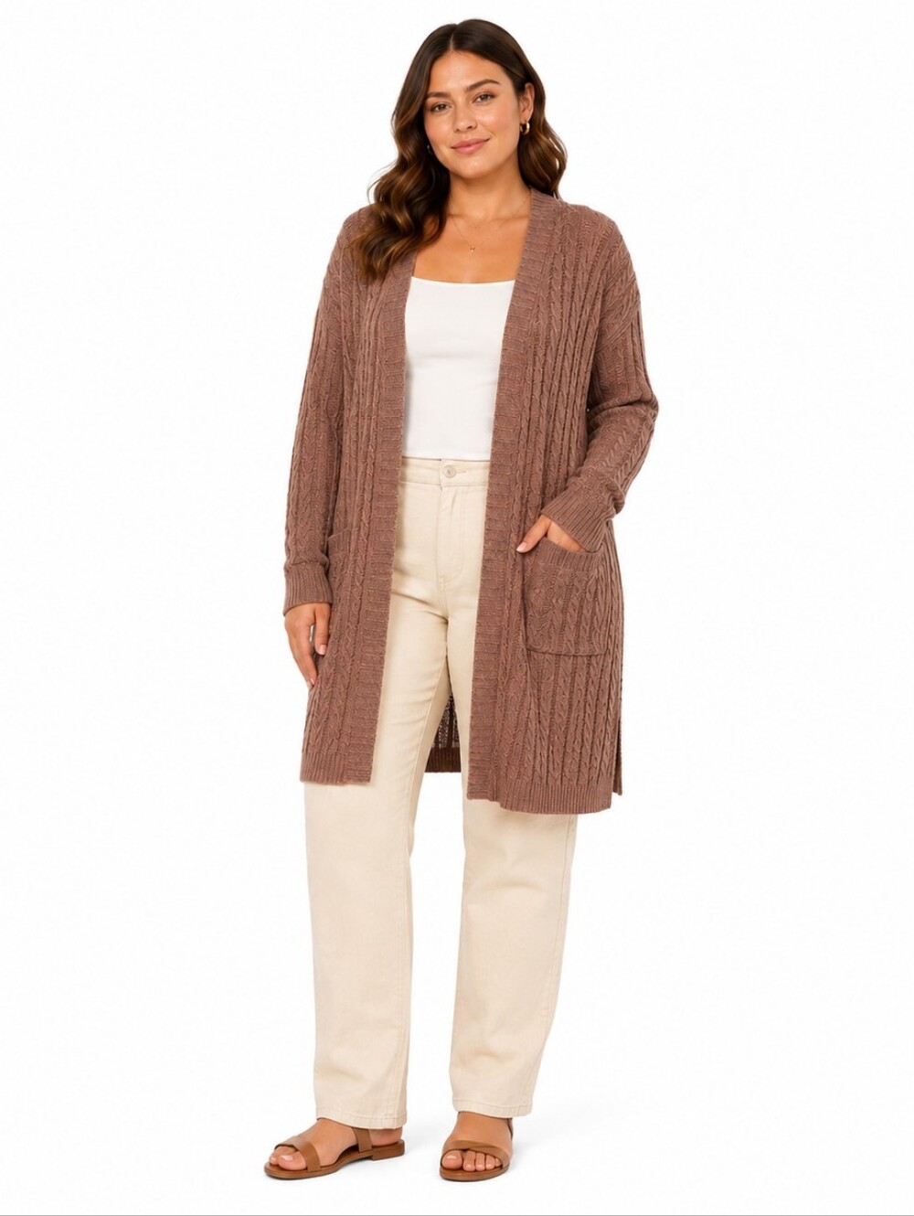 Torrid Size 2 2X Brown Cable Knit Long Cardigan Open Front Duster Sweater Pocket
